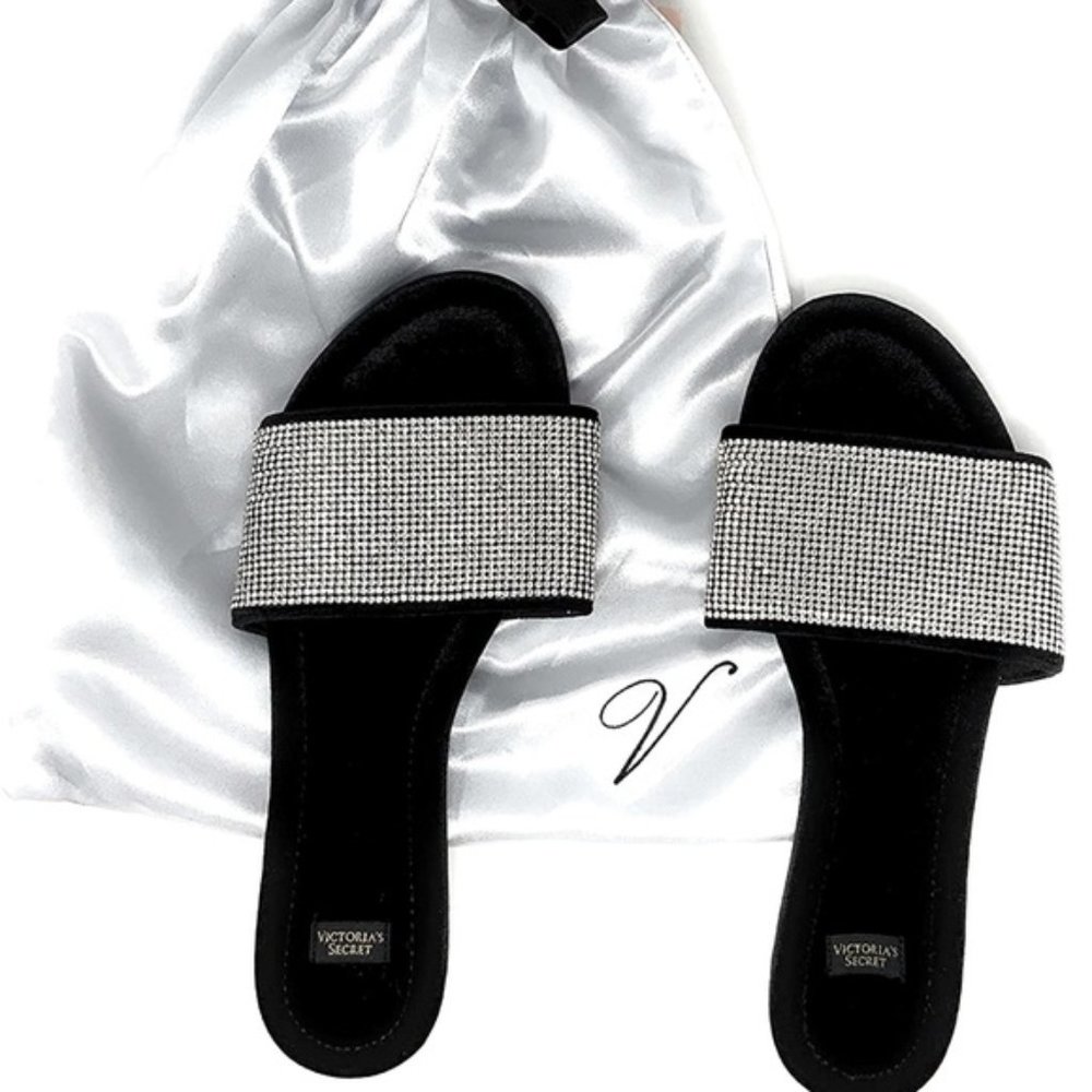 Victoria's Secret Black Velvet Rhinestone Slippers Slides & Dust Bag L 9 / 10